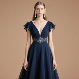 Elegant Navy Blue V-Neck Dress with Embroidered Waist & Ruffled Sleeves - Formal Evening Gown