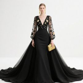 Elegant Black Evening Gown: Deep V-Neck, Embroidered Sheer Sleeves & Mermaid Train for Formal Events