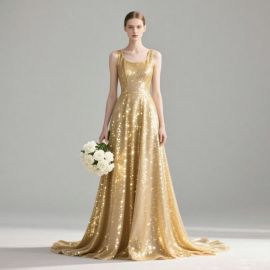 Elegant Gold Sequin Sleeveless Long Evening Gown with Train