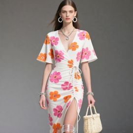 Women's Floral Print V-Neck Wrap Waist Midi Dress with Slit - Summer Elegant Style