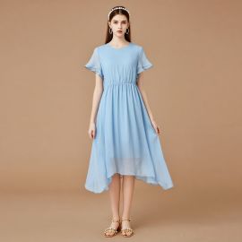 Light Blue Chiffon Dress: Short Flutter Sleeves, Cinched Waist, Asymmetrical Hem - Summer Elegant Casual Wear
