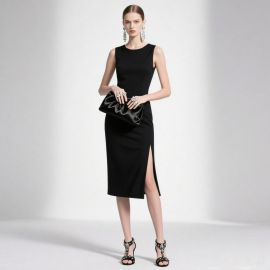 Elegant Black Sleeveless Midi Dress with High Slit - Chic Evening Wear
