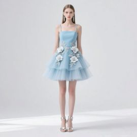 Light Blue Spaghetti Strap Short Dress with Floral Appliques & Tulle Skirt - Chic Evening/Prom Wear