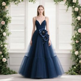 Elegant Navy Blue Tulle Gown with Floral Appliques & Spaghetti Straps