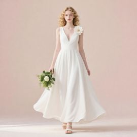 Elegant White V-Neck Sleeveless Chiffon Maxi Dress with Floral Accent - Perfect for Weddings & Events