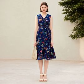 Navy Blue Sleeveless V-Neck Floral Print Wrap Midi Dress - Summer Chic Style