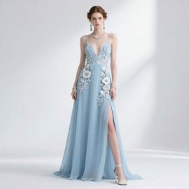 Elegant Light Blue Floral Embroidered Slit Evening Dress