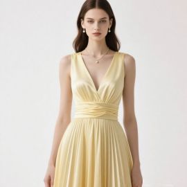Elegant Yellow Pleated Maxi Dress with Deep V-Neck & Cinched Waist