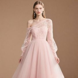 Pink Off - Shoulder Lace Long Sleeve Tulle Evening Dress