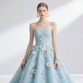 Light Blue Floral Embroidered Spaghetti Strap Ball Gown - Elegant Evening Dress