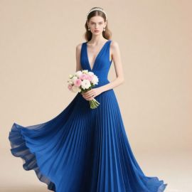 Royal Blue V-Neck Pleated Maxi Dress - Elegant Flowy Style for Special Occasions