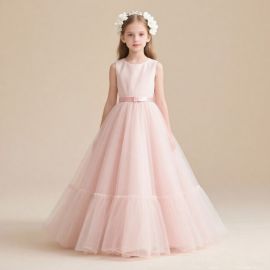 Pink Tulle Flower Girl Dress: Sleeveless Long Gown for Weddings & Events