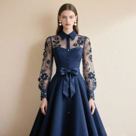 Elegant Navy Blue Lace-Embroidered Shirt Collar Dress with Bow Belt & Long Sleeve Mesh