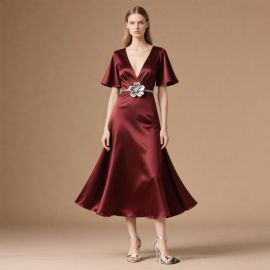 Elegant Burgundy Satin Midi Dress with Deep V-Neck & Floral Belt