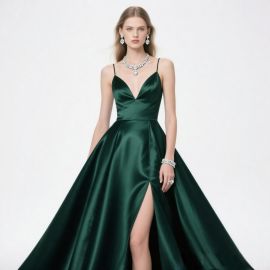 Elegant Emerald Satin Spaghetti Strap Ball Gown with High Slit