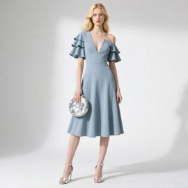 Light Blue Off - Shoulder Ruffled Sleeve A - Line Midi Dress