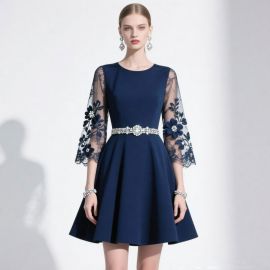 Navy Blue A - Line Dress with Lace Floral Sleeves & Embellished Belt - Elegant Party Wear
