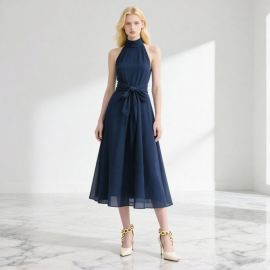 Navy Blue Halter Neck Midi Dress with Waist Tie - Elegant Women's Fashion