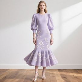Lavender Floral Embroidered Puff Sleeve Mermaid Midi Dress