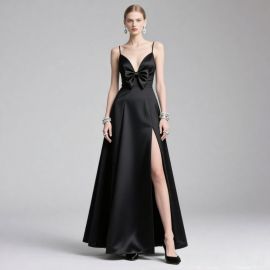 Chic Black Satin Gown: Spaghetti Straps, Bow Detail & High Slit - Evening Glamour