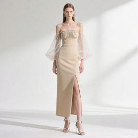 Elegant Off - Shoulder Maxi Dress with Puff Sleeves & High Slit