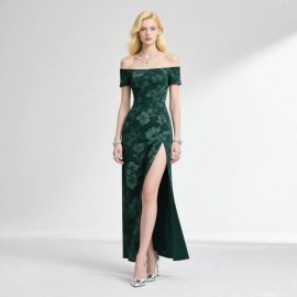 Elegant Emerald Green Off - Shoulder Floral Print High Slit Evening Gown