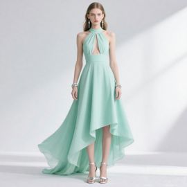 Mint Green Halter Neck High-Low Evening Dress - Elegant Chiffon Gown for Formal Events