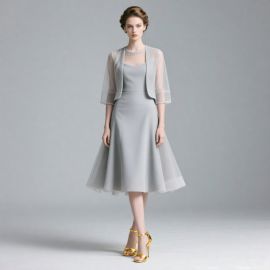 Elegant Light Gray Midi Dress with Sheer Jacket - Ideal for Formal Occasions