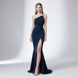 Elegant Navy Blue One - Shoulder Mermaid Gown with High Slit & Waist Detail