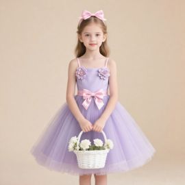 Adorable Purple Tulle Girl Dress with Flower & Bowknot - Wedding/Party Perfect