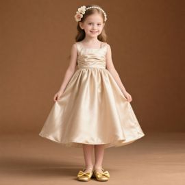 Elegant Champagne Satin Sleeveless A - Line Girl Dress for Weddings & Parties
