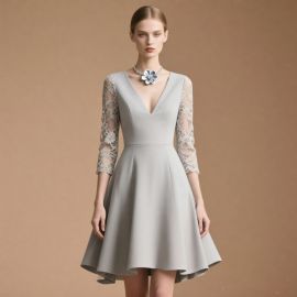 Elegant Light Gray Dress with Lace Sleeves & V-Neck - Chic Party Style