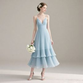 Light Blue Spaghetti Strap Tiered Midi Dress - Elegant Summer Bridesmaid Gown