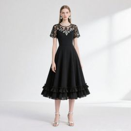 Elegant Black Lace Midi Dress with Beaded Neckline & Ruffled Hem