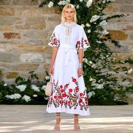 Chic White Midi Dress: Red Floral Embroidery, Lace Collar & Waist Tie Detail