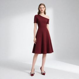 Elegant Burgundy One-Shoulder Midi Dress, A-Line Flare Skirt Design