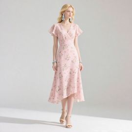 Pink Floral Print V-Neck Short Sleeve Asymmetric Hem Midi Dress - Elegant Summer Style