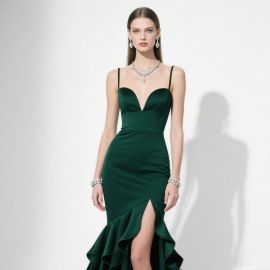 Emerald Green Spaghetti Strap Mermaid Gown with High Slit & Ruffled Hem