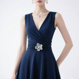 Elegant Navy Blue Sleeveless V - Neck Dress with Floral Waist Accent