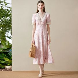 Pink Floral Lace V-Neck Midi Dress | Vintage Summer Women's Fashion