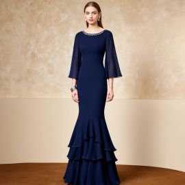 Navy Blue Mermaid Gown: Beaded Neckline, Sheer Bell Sleeves & Tiered Ruffle Skirt for Formal Events