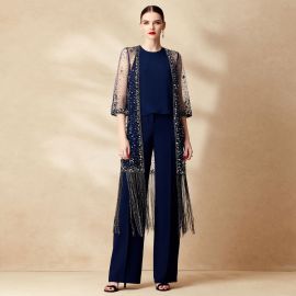Elegant Navy Blue Sequined Fringe Long Cardigan & Wide-Leg Pants Set - Chic Evening Look