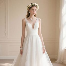 Elegant Deep V-Neck Tulle Wedding Dress, A-Line Bridal Gown with Sheer Straps - Timeless Romance