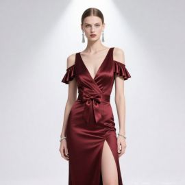 Burgundy Satin Off-Shoulder Evening Gown with Ruffle Sleeves & Bow Waist - Elegant Prom Dress