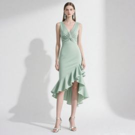 Sage Green Sleeveless V-Neck Ruched Asymmetric Ruffled Hem Midi Dress - Elegant Party Evening Gown