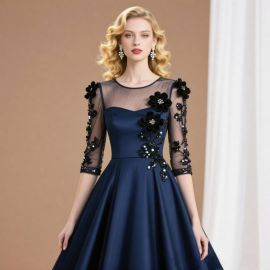 Elegant Navy Blue Gown with Floral Embroidery & Sheer Sleeves for Formal Occasions
