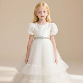 Charming White Girl's Dress: Puffy Sleeves, Tulle Skirt & Embellished Waist - Wedding/Party Ready