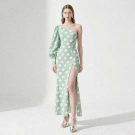 Elegant One - Shoulder Floral Print Maxi Dress with Puff Sleeve & High Slit