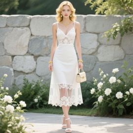 Elegant White Lace Spaghetti Strap Midi Dress - Summer Chic Fashion