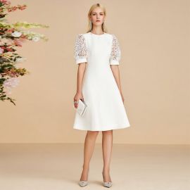Elegant White Midi Dress with Lace Puff Sleeves - Chic Party & Wedding Wear